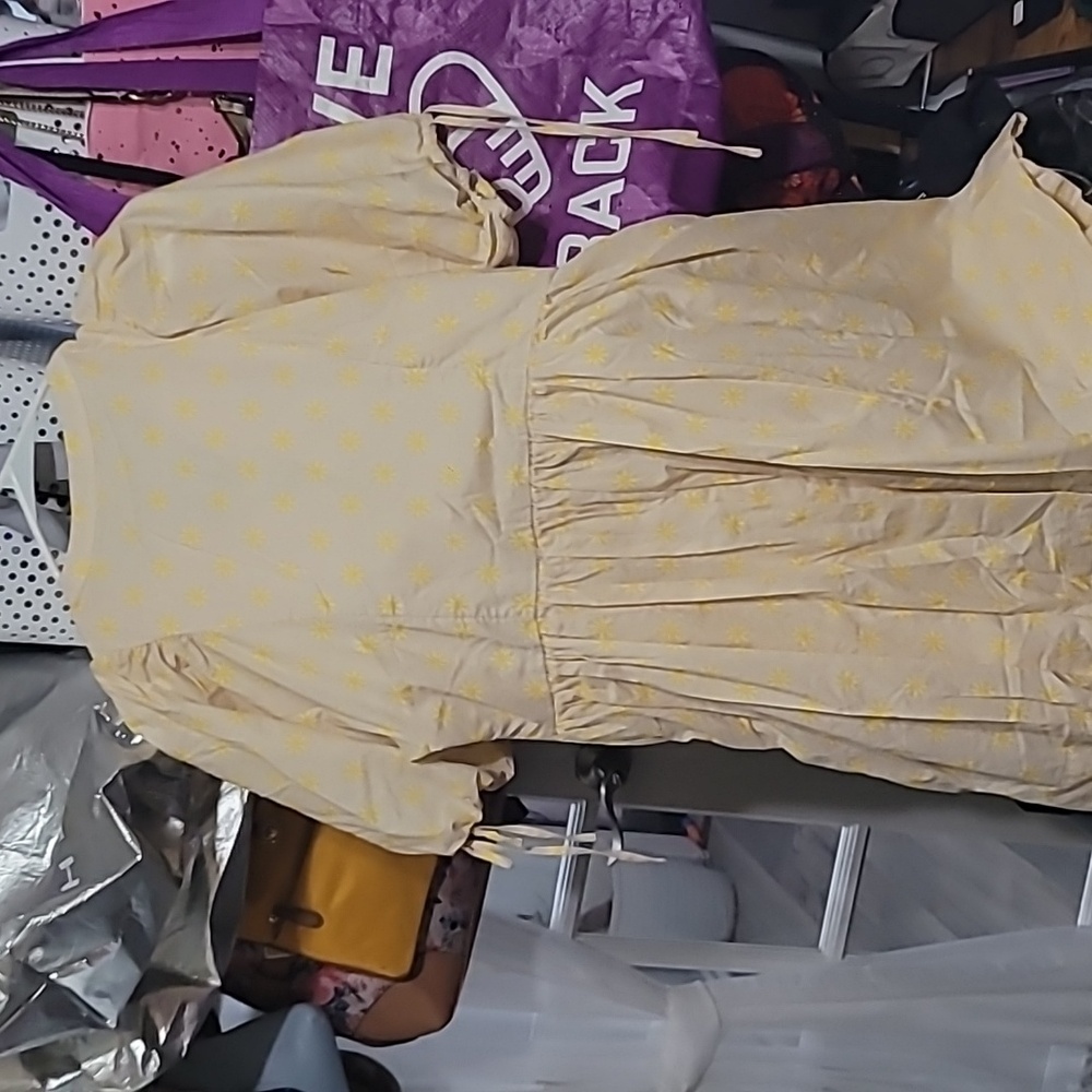 Chelsea & Violet Yellow & White Boho Puffy Sleeved Dress Size Medium - Picture 7 of 7